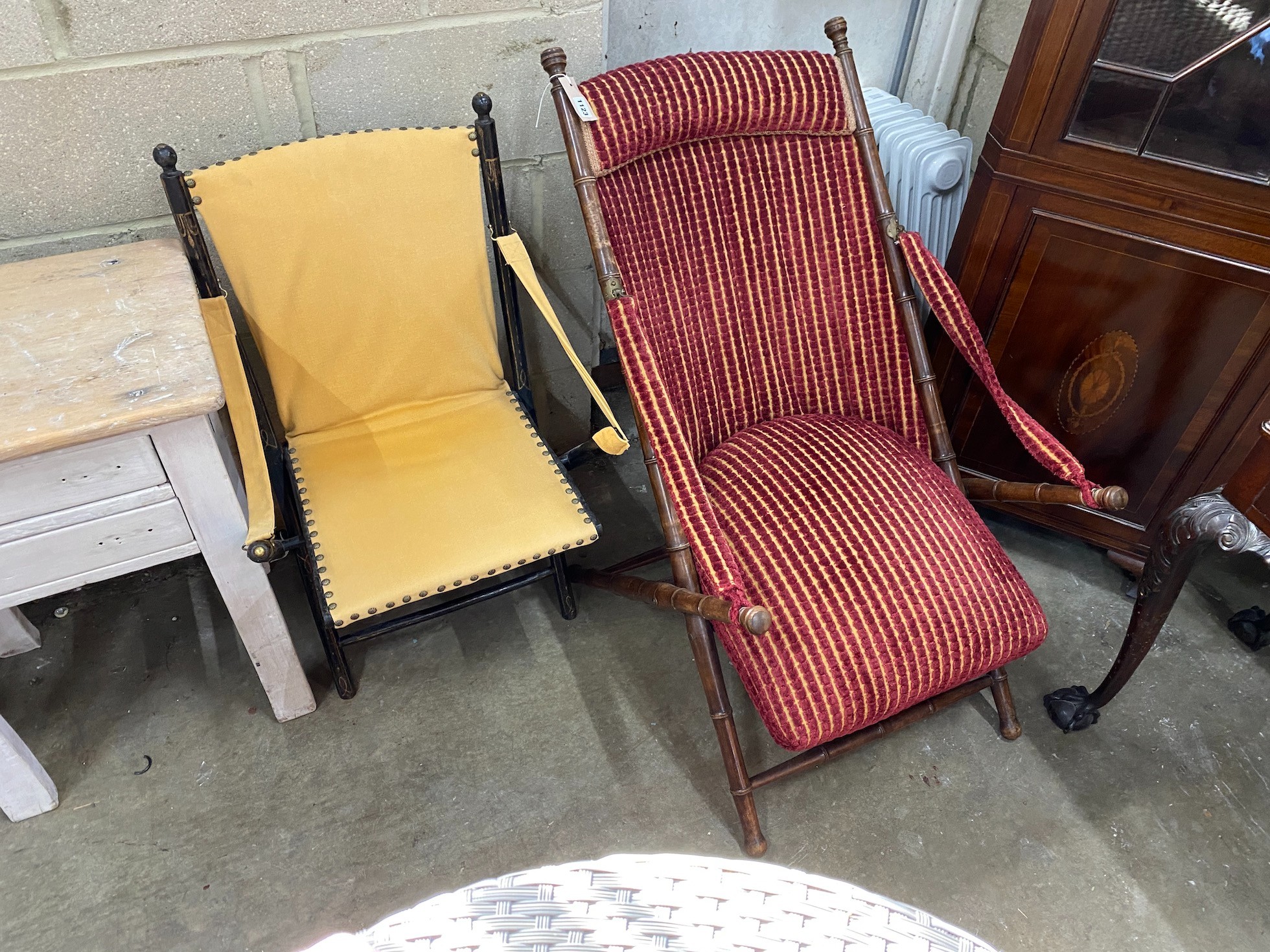 A Victorian faux bamboo folding chair together with a smaller ebonised folding chair, larger height 90cm